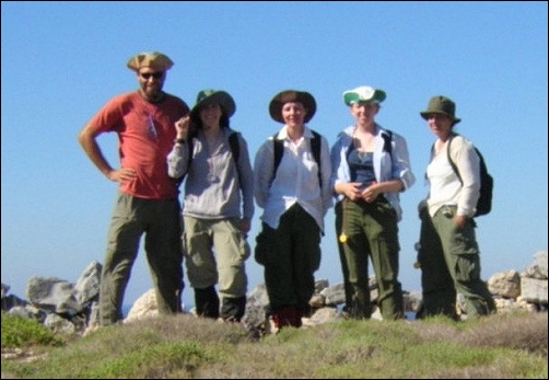 Field Crew on a windy day (l-r) Sach, Kate, Libby, Katie, Brenna - Photo by Sach Killam
